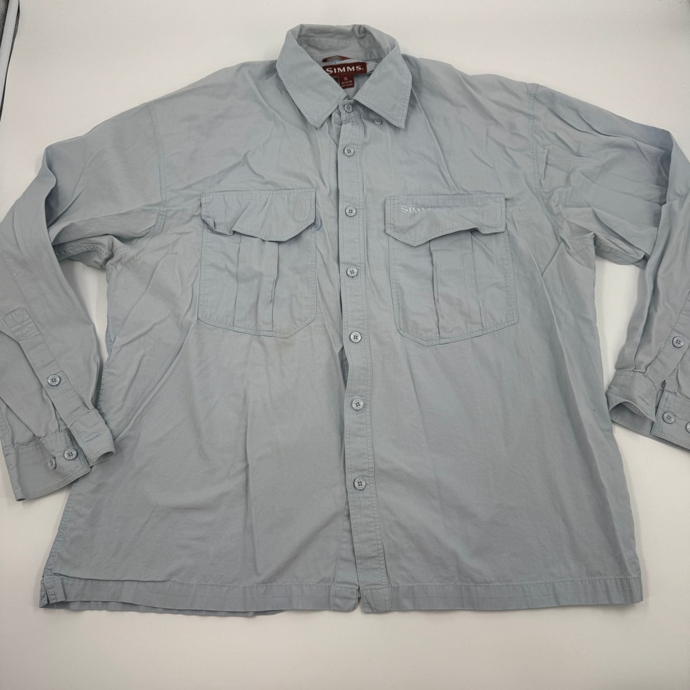 Simms Fishing Shirt Mens XL Blue Long Sleeve Cotton‎ Button Up Utility Pocket